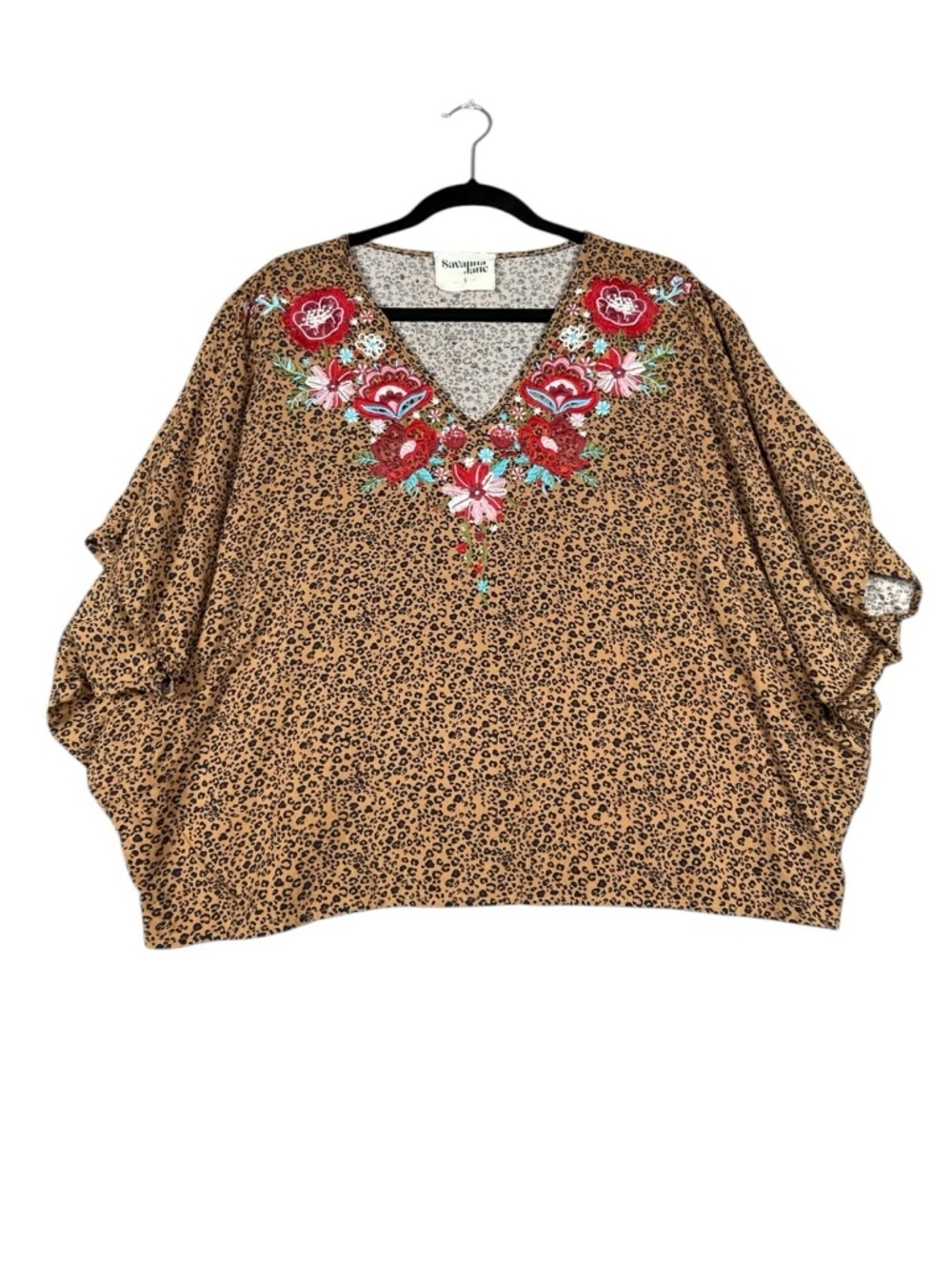 Savanna Jane Colorful Embroidered Floral Leopard Poncho Boho Peasant Hippie Top